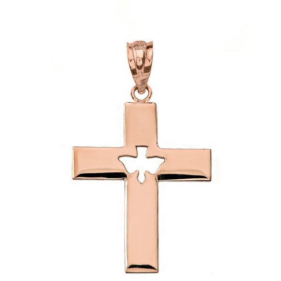 14K Solid Gold Religious Cross Cut-Out Holy Spirit Dove Pendant -